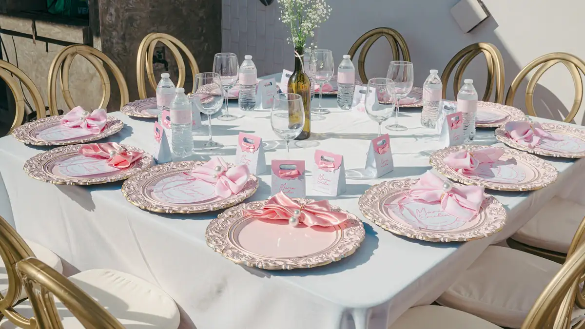 Una mesa de baby shower de niña con platos, cintas y servilletas en tonos rosados
