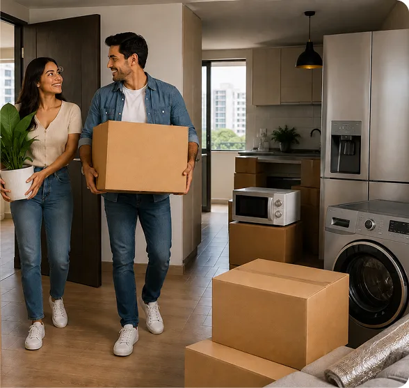 Una pareja entrando cajas a su departamento nuevo