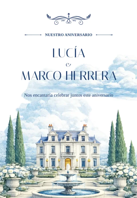 Invitación de aniversario ilustrada con una casona y su jardín, plantilla Château