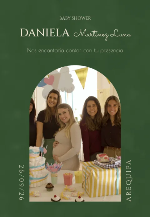 Invitación de baby shower con la foto de la celebración en un arco, plantilla Paradise