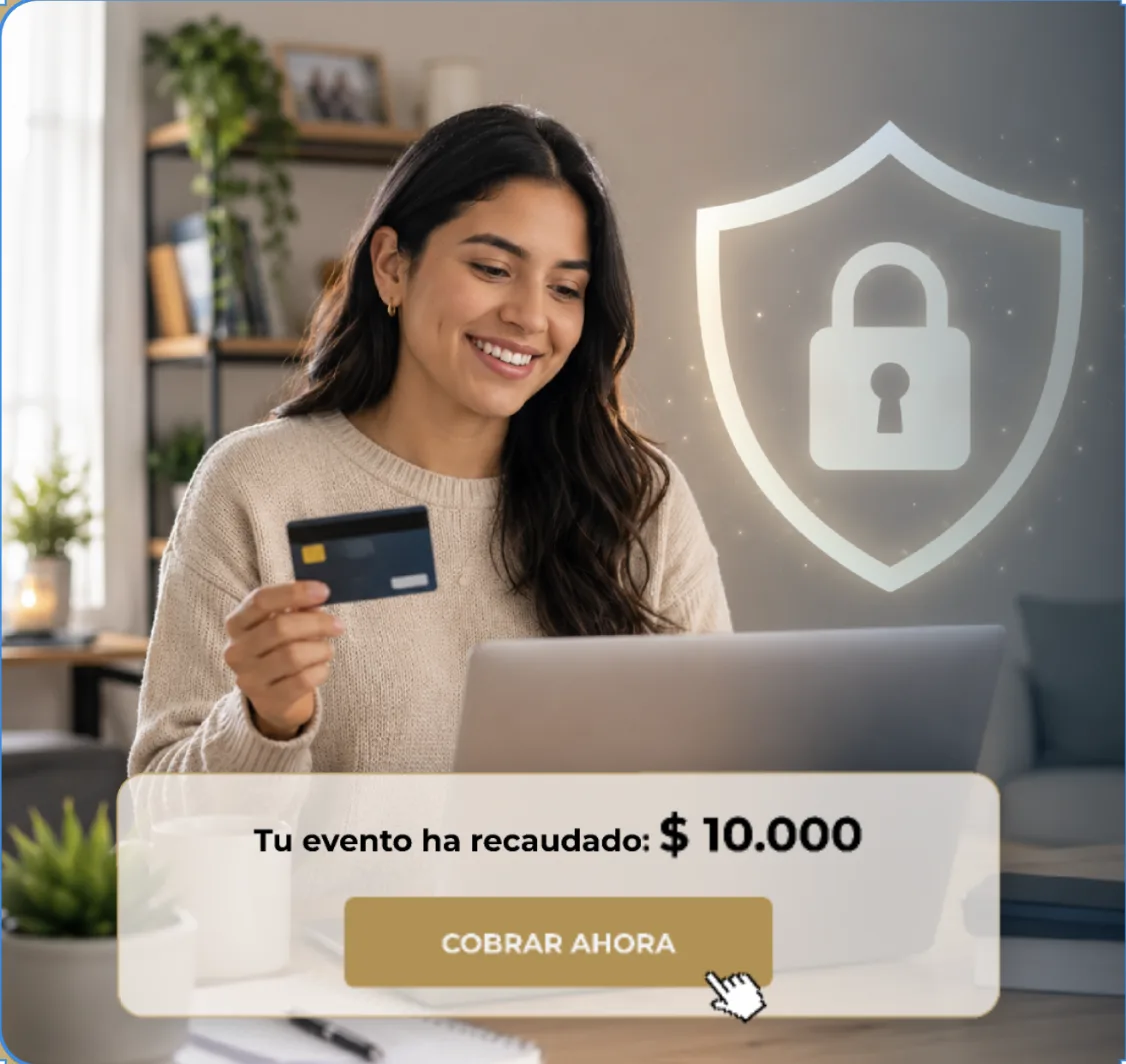 Una organizadora revisa en su laptop lo recaudado por su evento, con el botón de cobrar a la vista