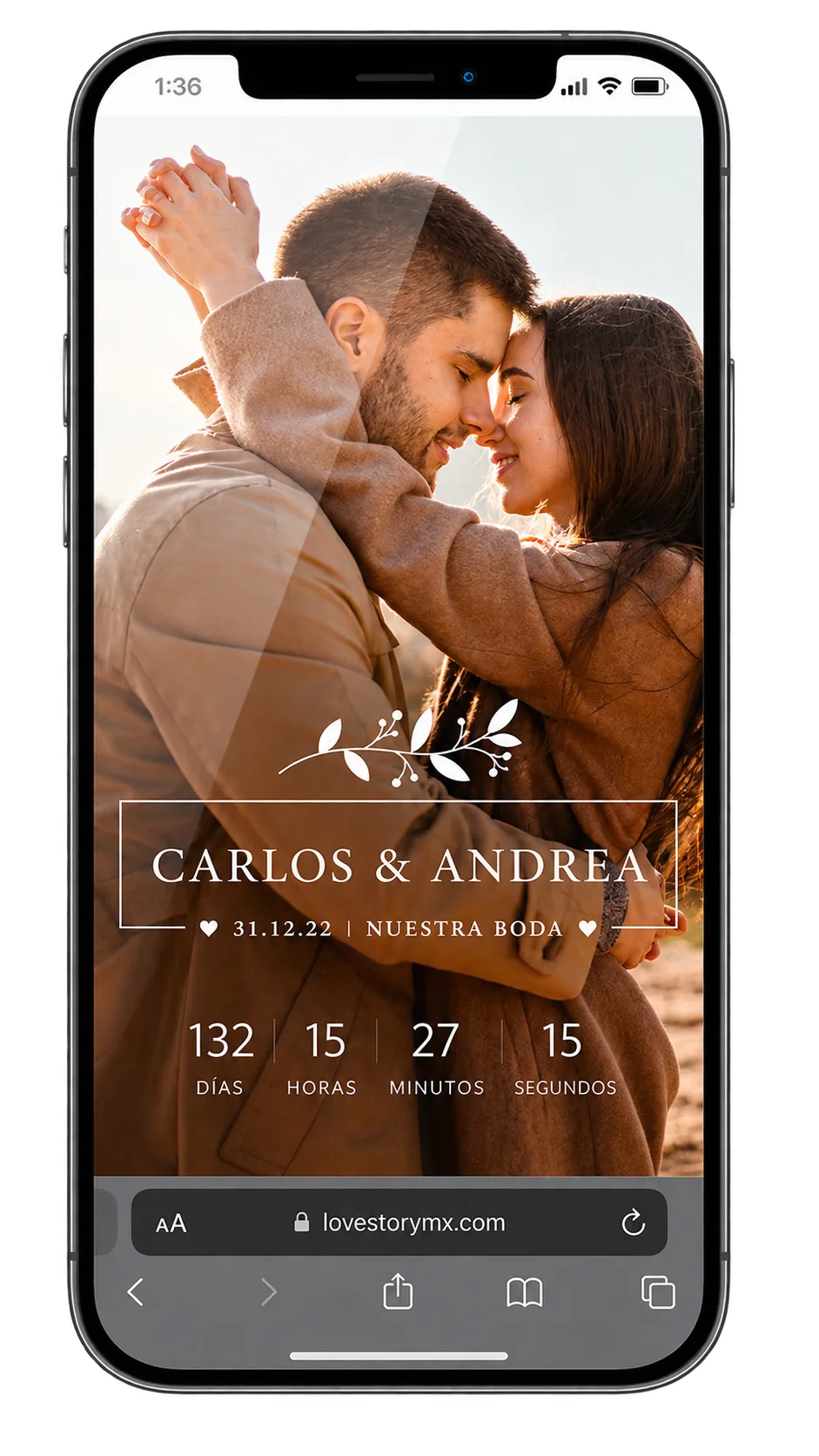 La invitación de Carlos y Andrea abierta en un teléfono, con la cuenta regresiva hasta la boda