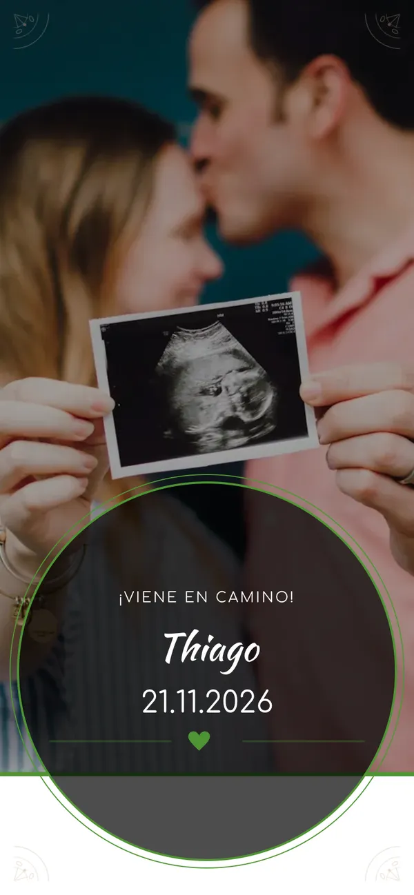 Alhambra baby shower cover: the parents with the scan and «Thiago» in a medallion