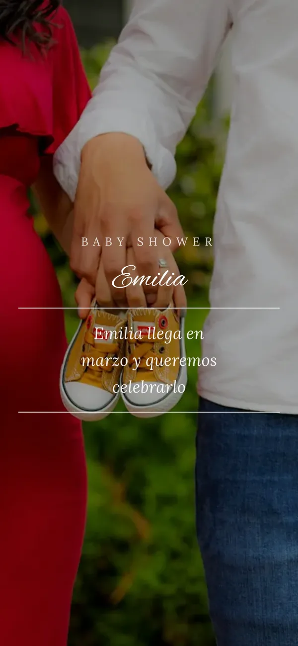 Celeste baby shower cover: the parents holding tiny shoes and «Emilia» in script