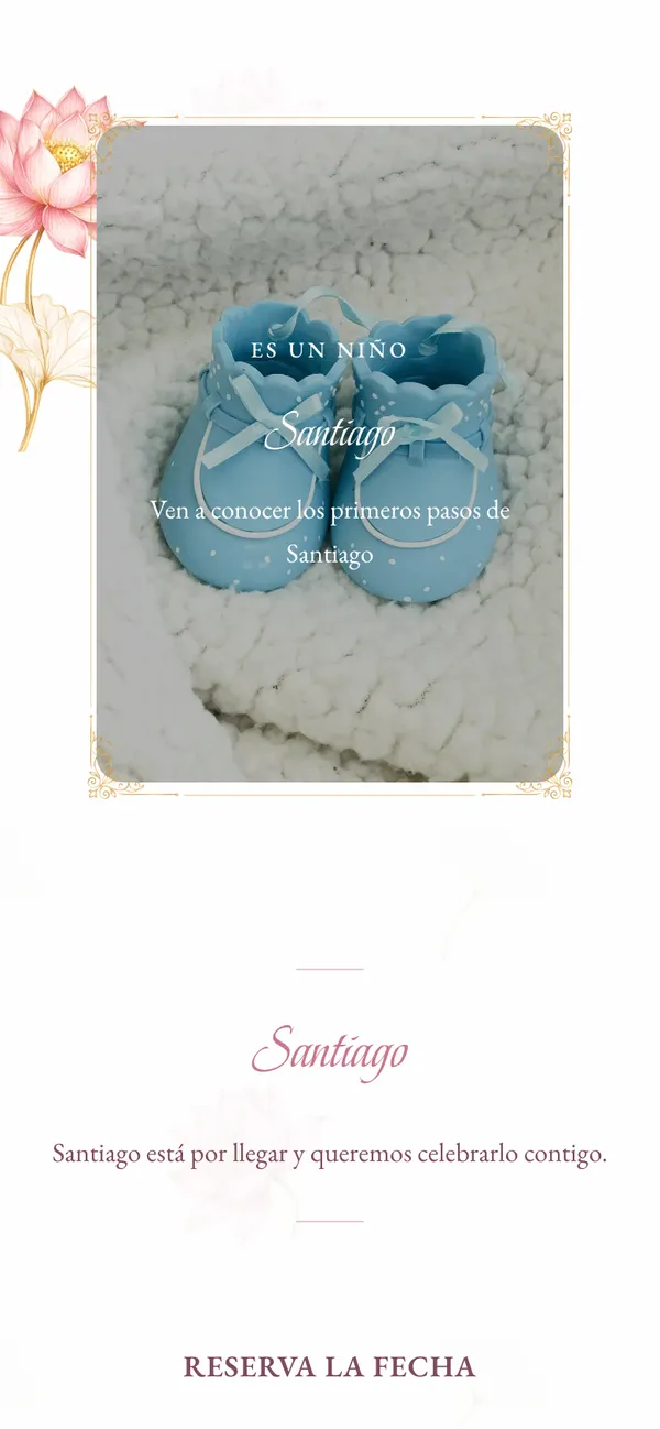 Lotus baby shower cover: pale blue baby shoes in a lotus-flower frame and «Santiago»