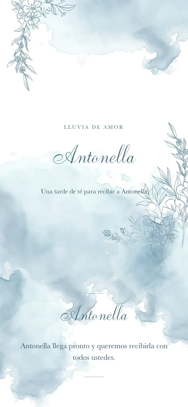 Spring Garden baby shower cover: «Antonella» in script over blue watercolour