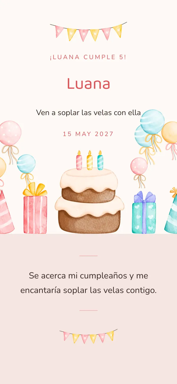Portada de cumpleaños Confeti: «Luana» con banderines, una torta ilustrada y regalos