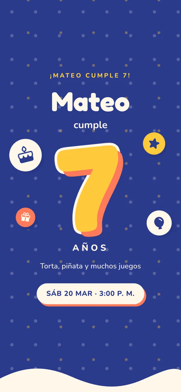 Portada de cumpleaños Fiesta: «Mateo cumple» y un 7 amarillo gigante sobre azul