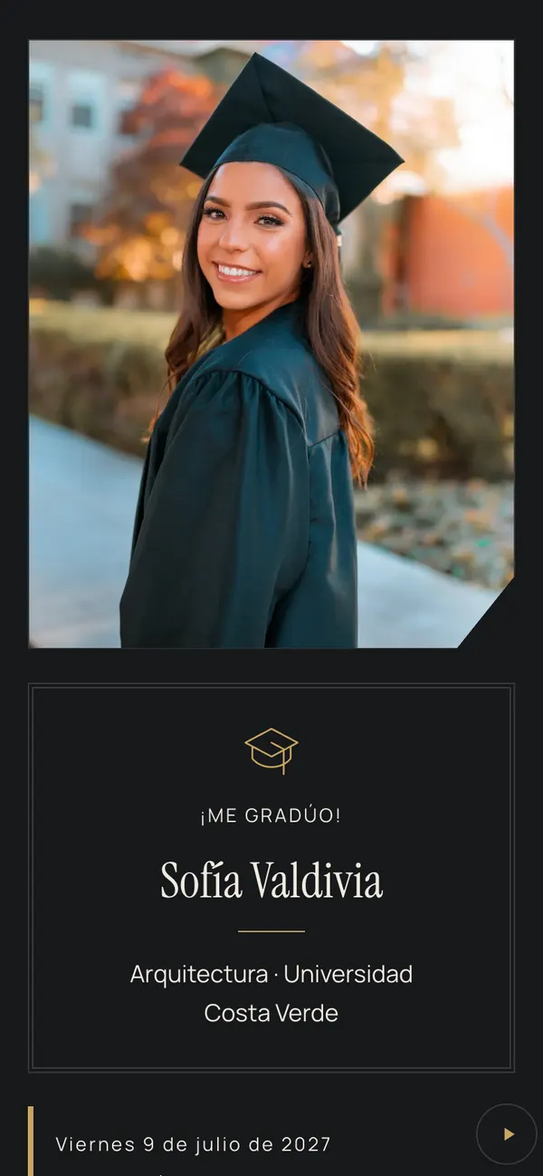 Borla graduation cover: Sofía Valdivia in cap and gown, and a dark card reading «¡Me gradúo!» with her degree
