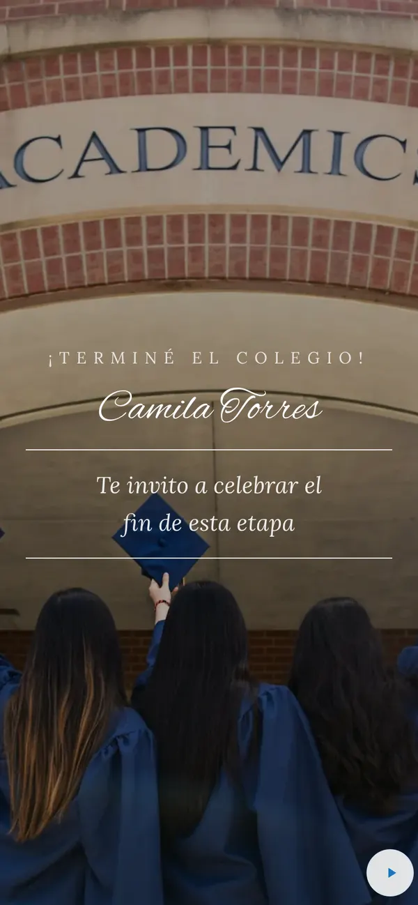 Celeste graduation cover: three friends in gowns raise their caps and «Camila Torres» in script