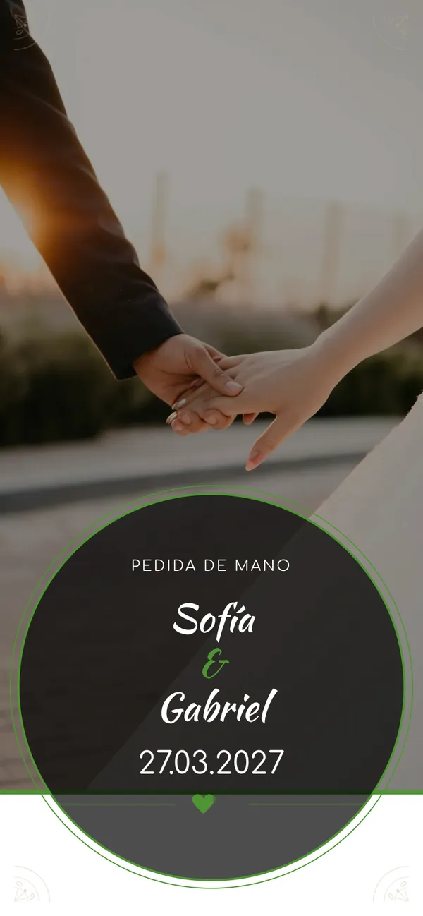 Alhambra proposal cover: two hands at sunset and «Sofía & Gabriel» in a medallion