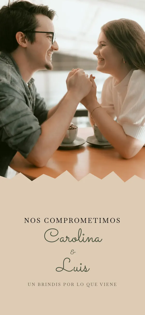 Passport proposal cover: Carolina and Luis in a café above torn kraft paper