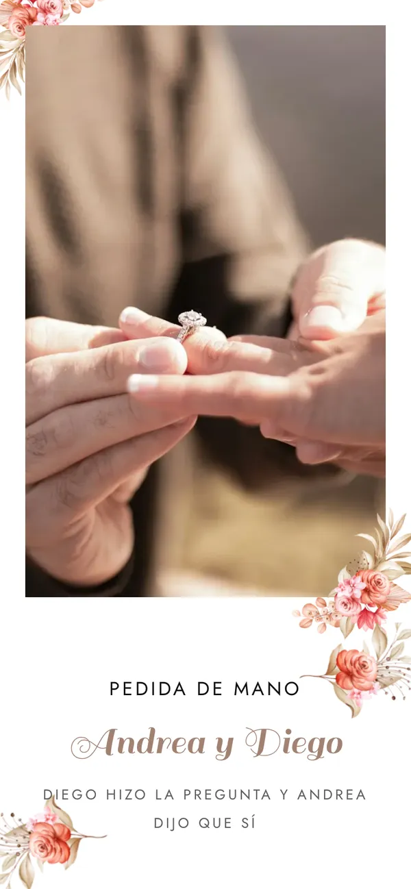 Terracota proposal cover: the ring on her hand and «Andrea y Diego» with flowers
