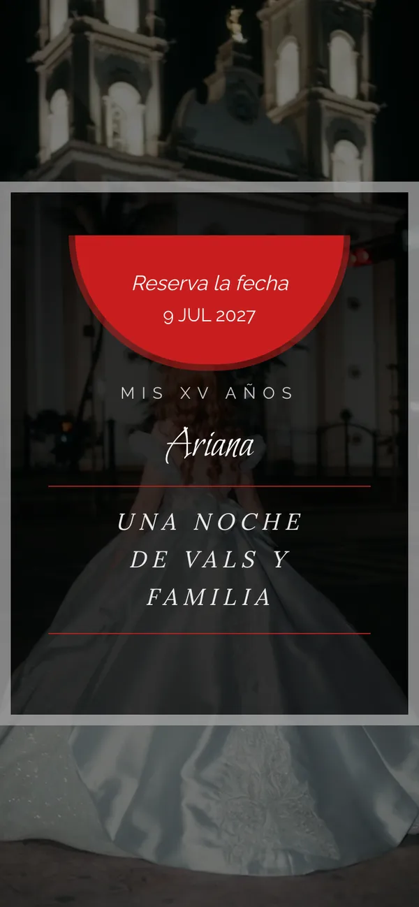 Bengala quinceañera cover: Ariana seen from behind before a church at night and a plate reading «Mis XV años»