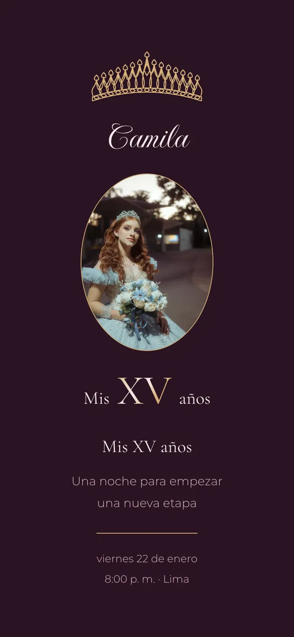 Diadema quinceañera cover: Camila's oval portrait on plum with the gold tiara