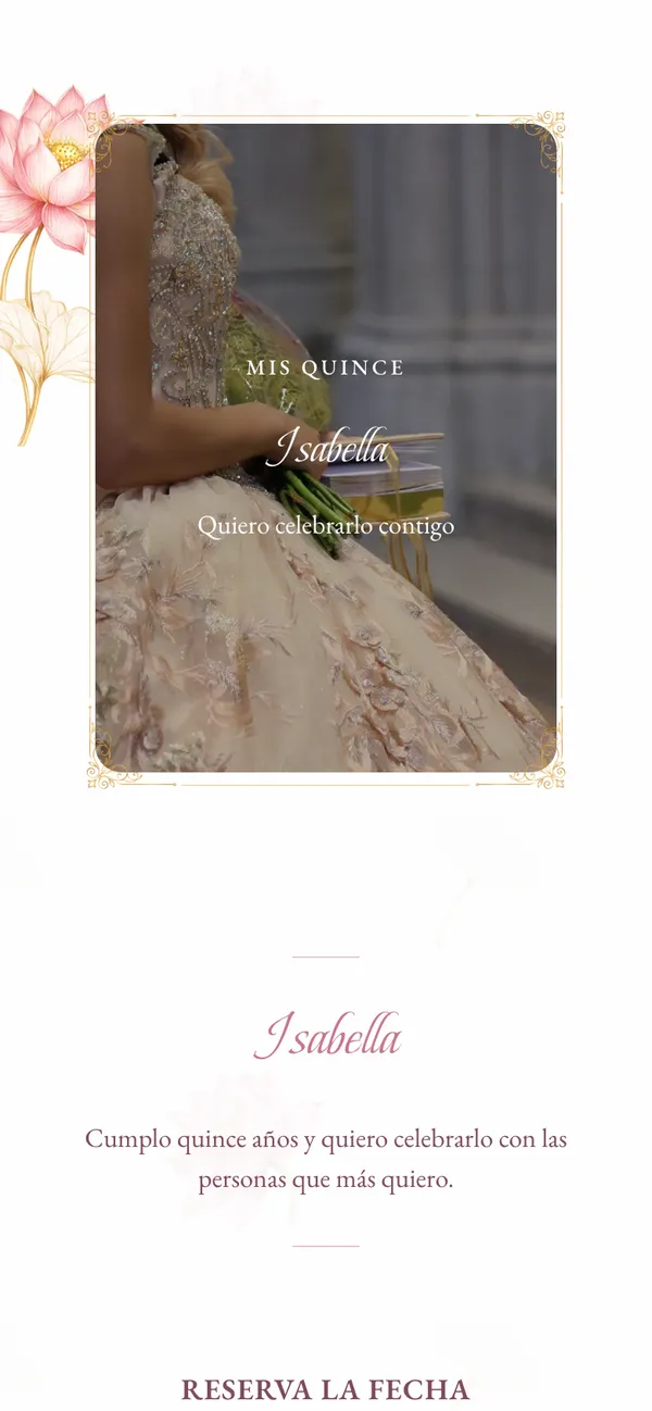 Lotus quinceañera cover: Isabella in a gold gown inside a frame with lotus flowers