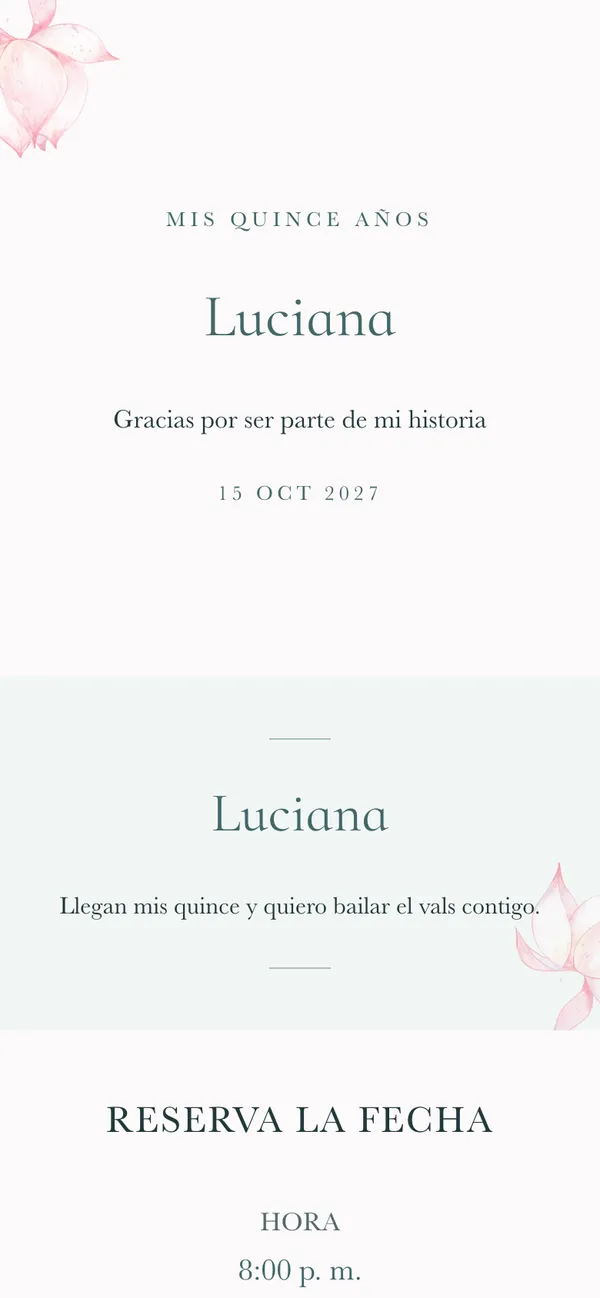 Nenúfar quinceañera cover: «Luciana» in a fine face on white and pale green