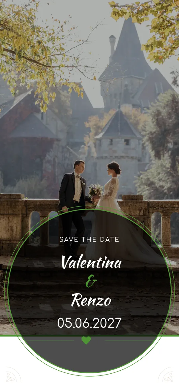 Portada de boda Alhambra: Valentina y Renzo en una terraza de piedra con sus nombres en un medallón