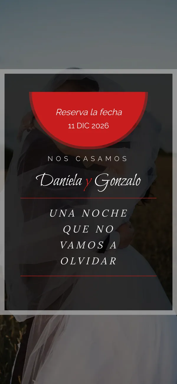 Portada de boda Bengala: una lámina oscura enmarcada con «Daniela y Gonzalo» y la fecha en un semicírculo rojo
