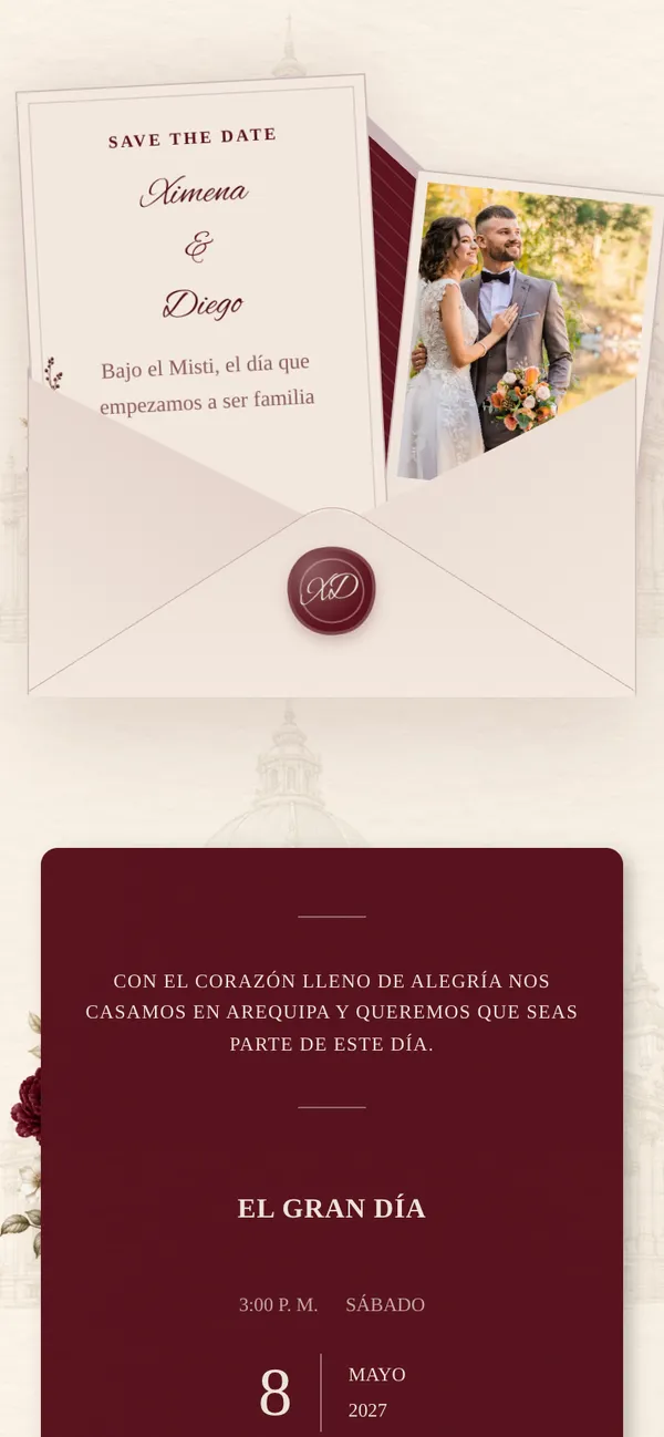 Portada de boda Bordeaux: un sobre marfil con lacre vino y la foto de Ximena y Diego con su ramo