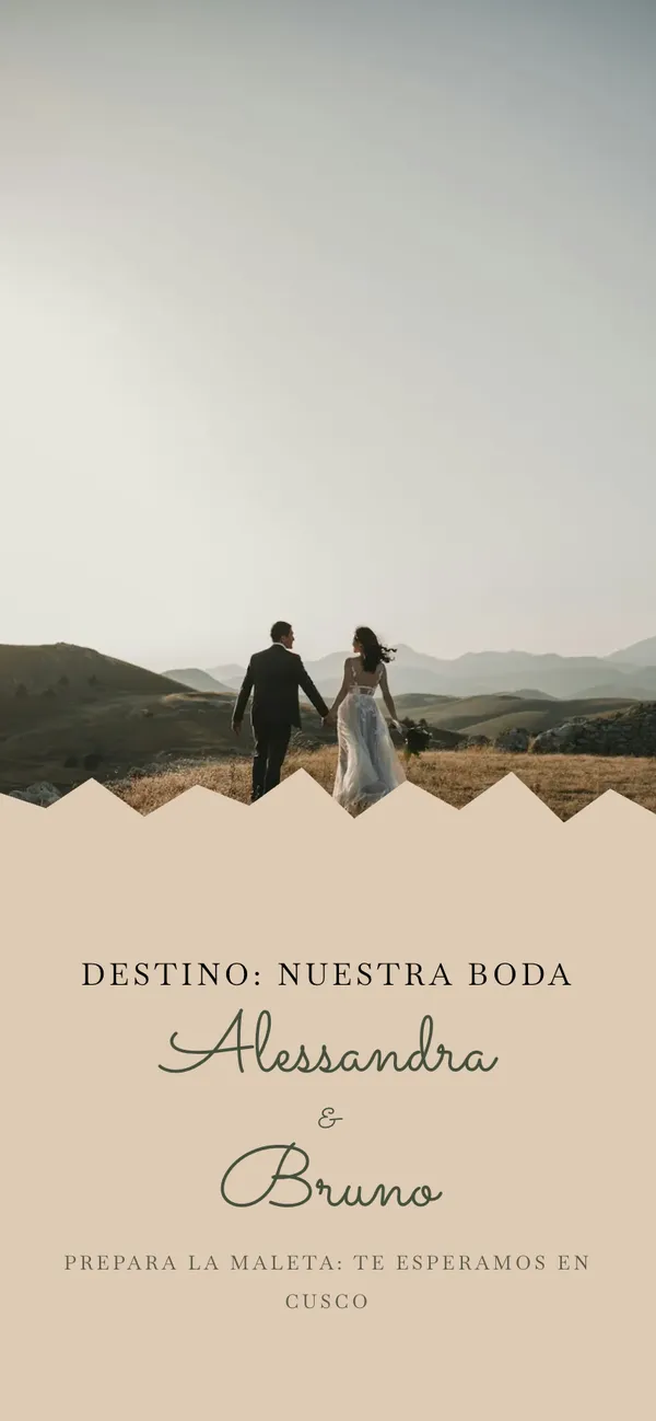 Portada de boda Passport: Alessandra y Bruno caminando por un cerro sobre papel kraft rasgado