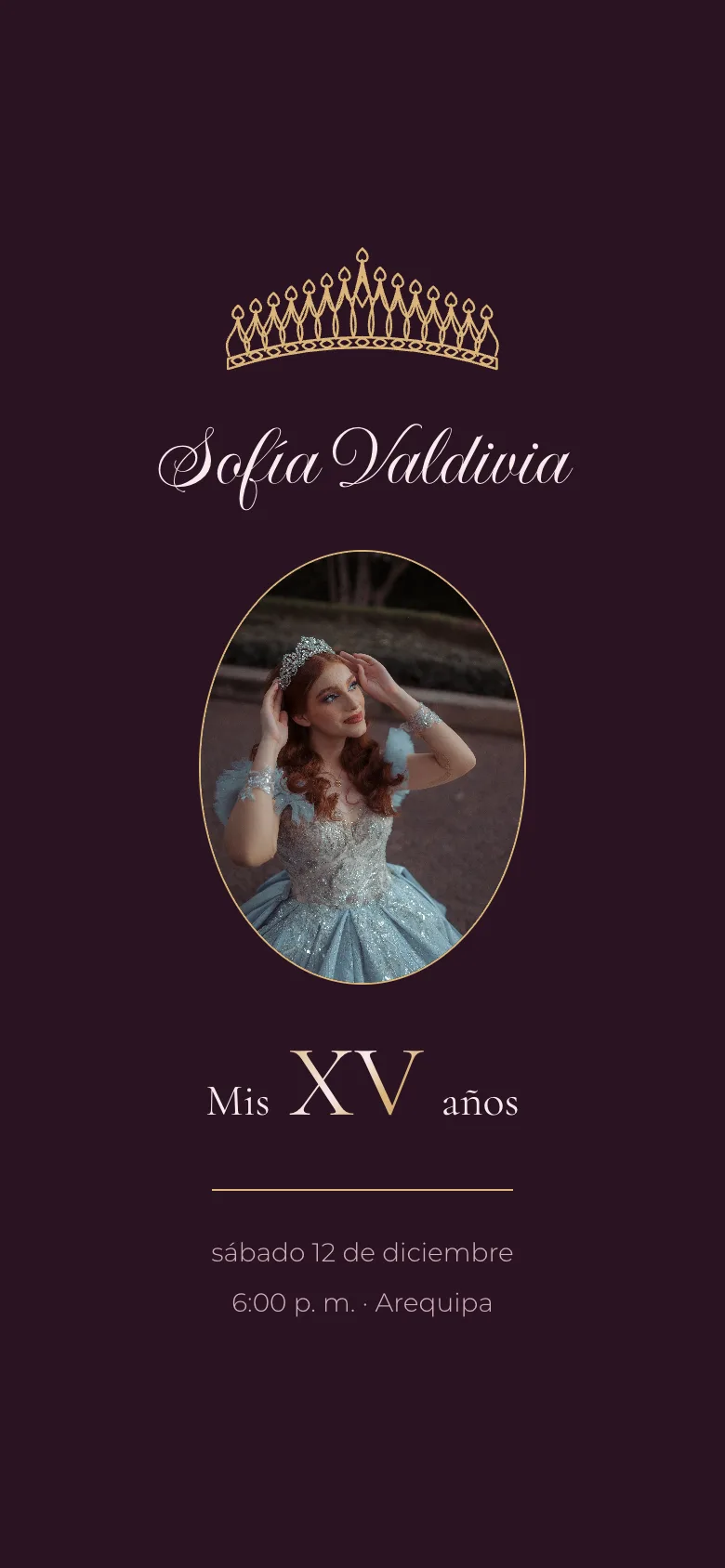 Quinceañera invitation using the Diadema template: a gold tiara, the name in calligraphy, an oval portrait with a gold rule and “Mis XV años” on a dark plum background, on a phone screen