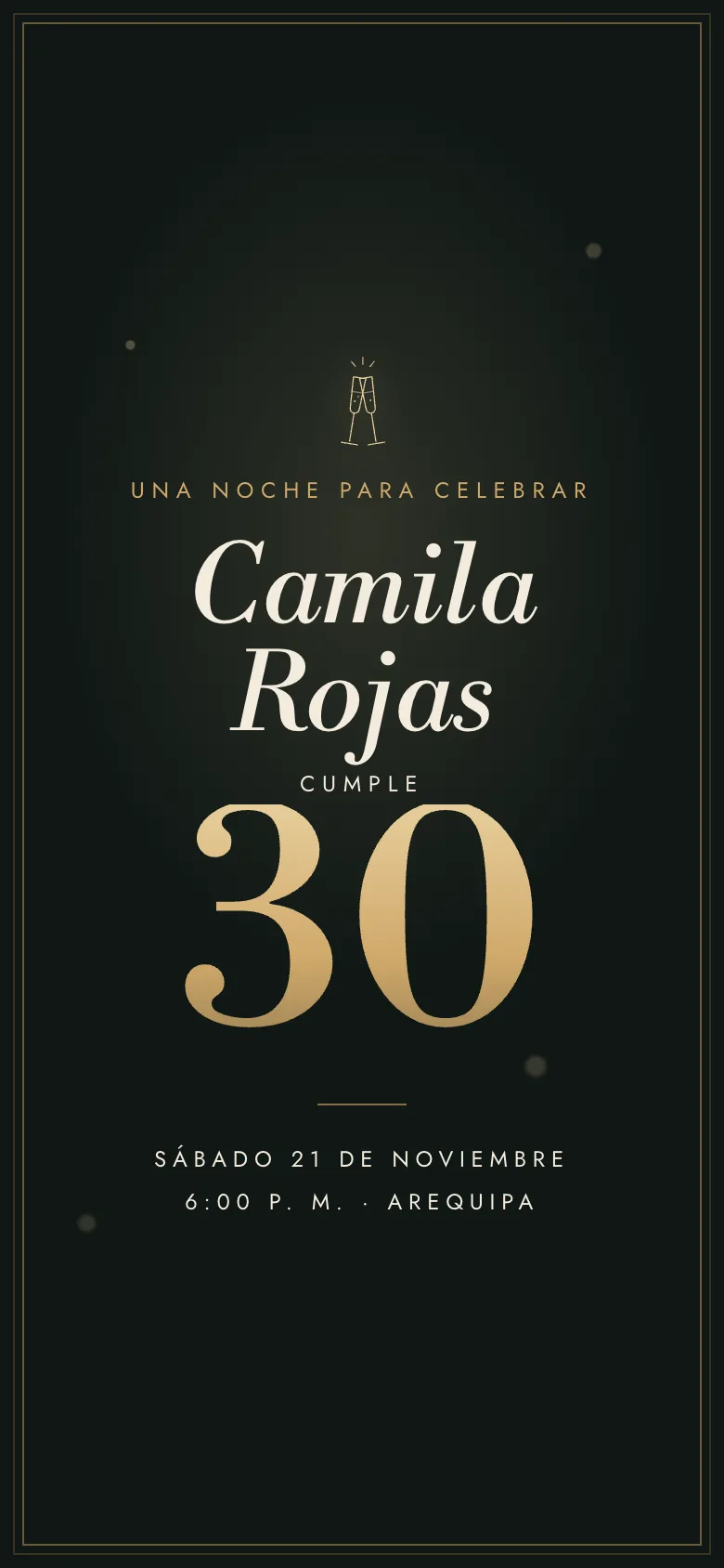 Birthday invitation using the Velada template: two toasting glasses, “Una noche para celebrar”, the name in italics and a large gold 30 on near-black green, on a phone screen