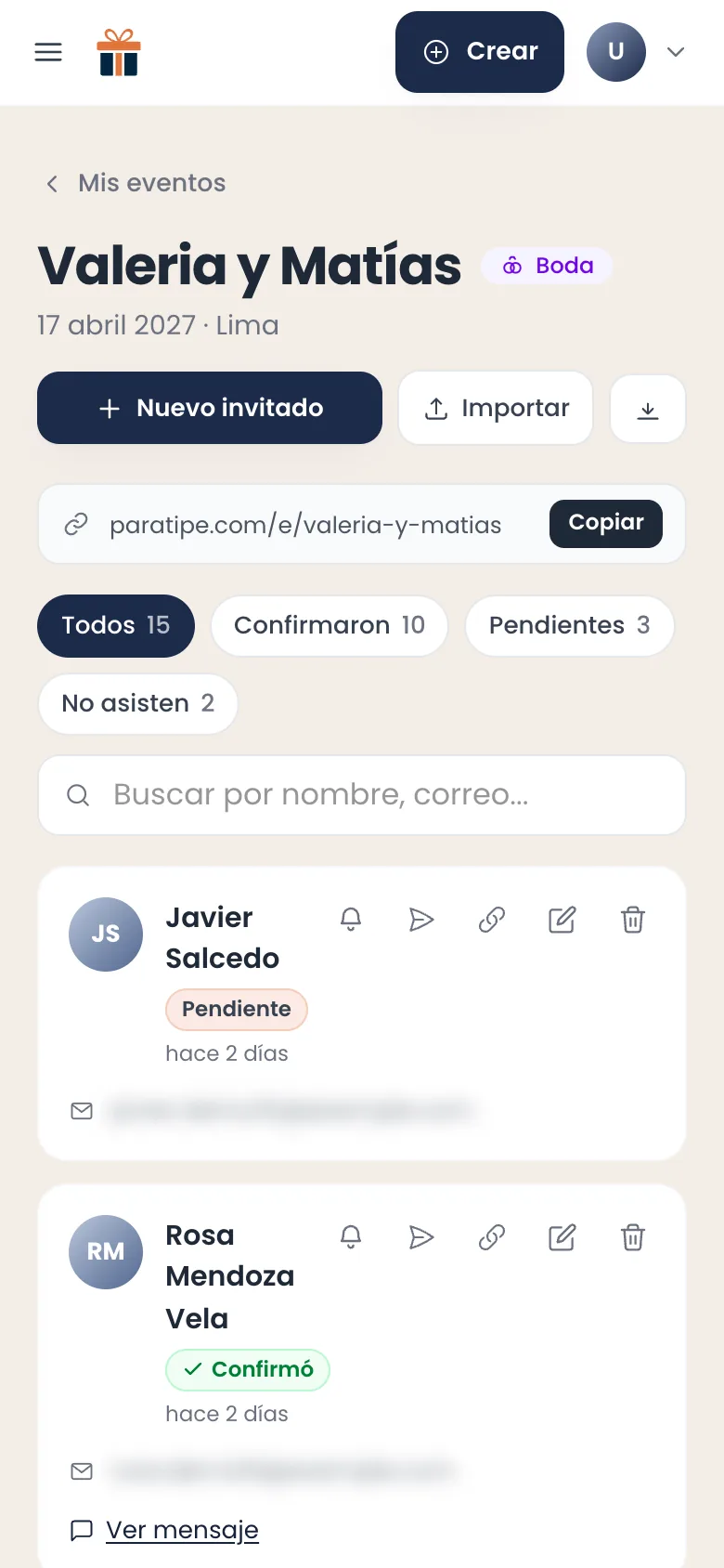 The guest list in the parati app: filters for confirmed, pending and not attending, and each guest with their status