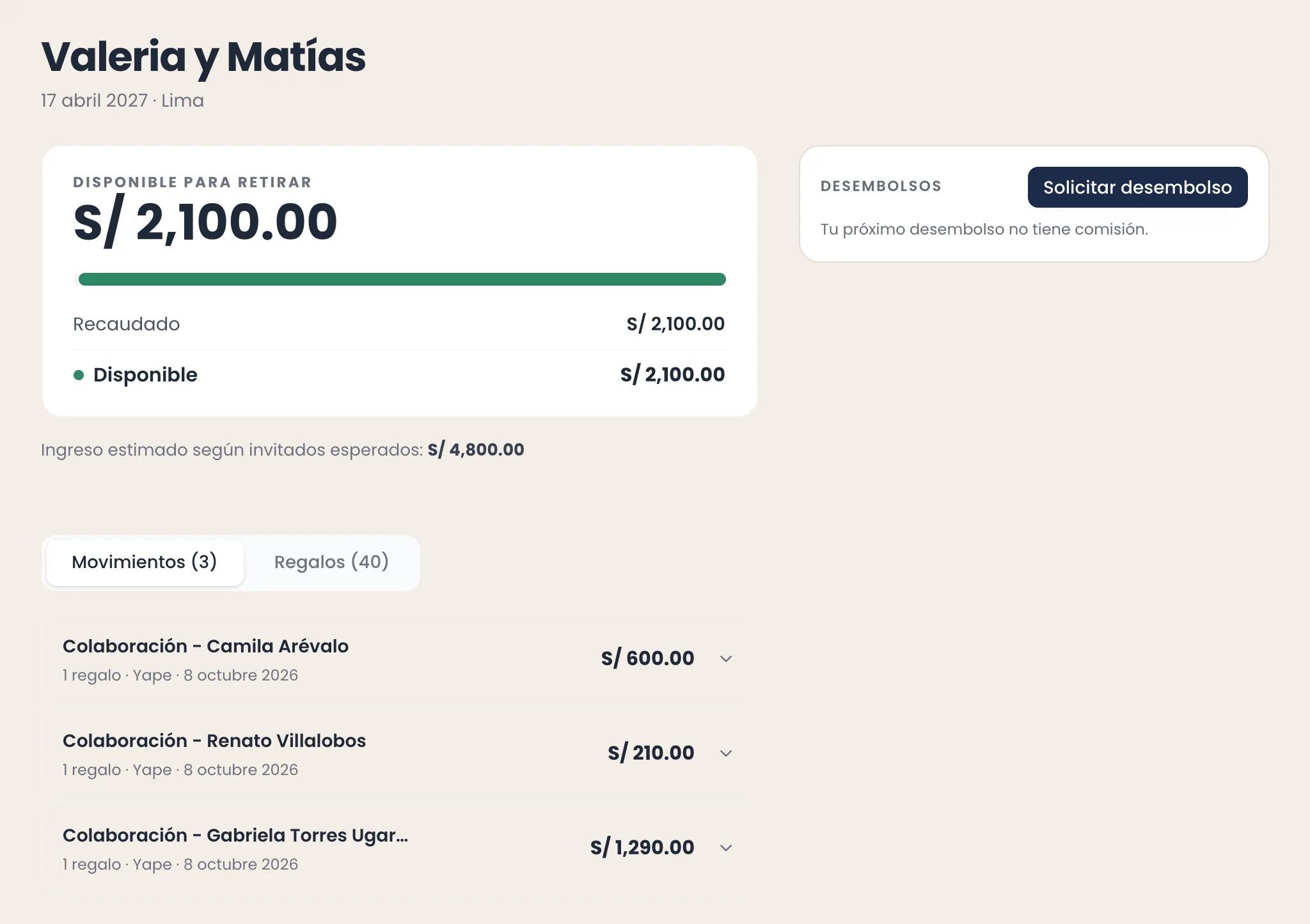 The Ingresos (income) screen in the parati app: balance available to withdraw, a payout button and each gift with its giver