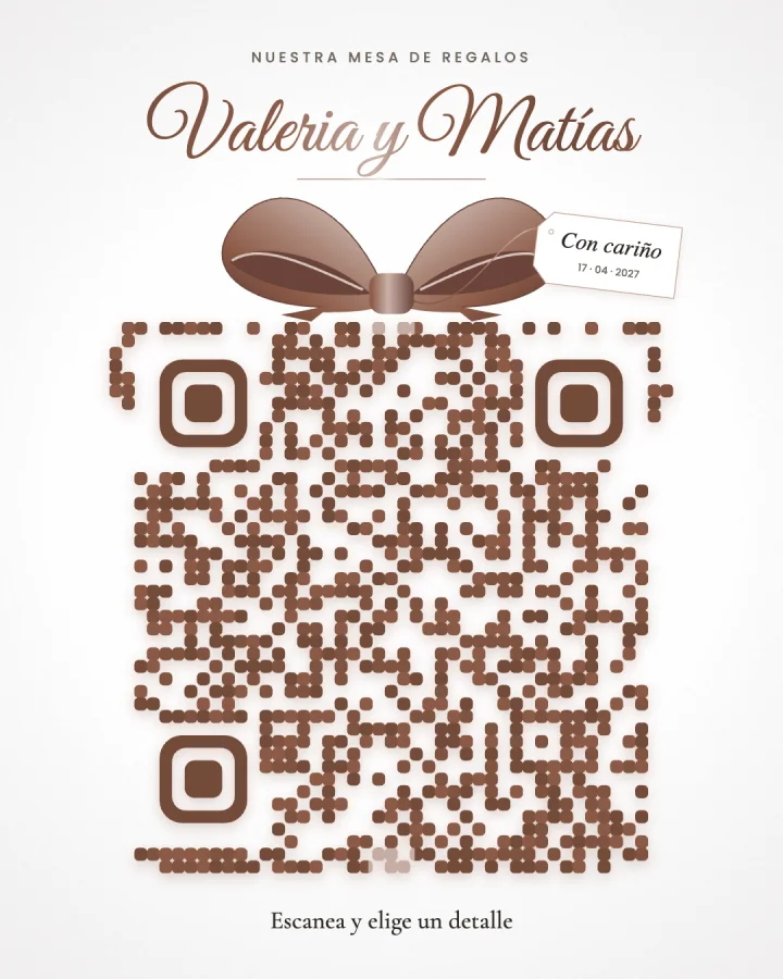 QR card of an example gift registry: «Escanea y elige un detalle» (scan and choose a gift)