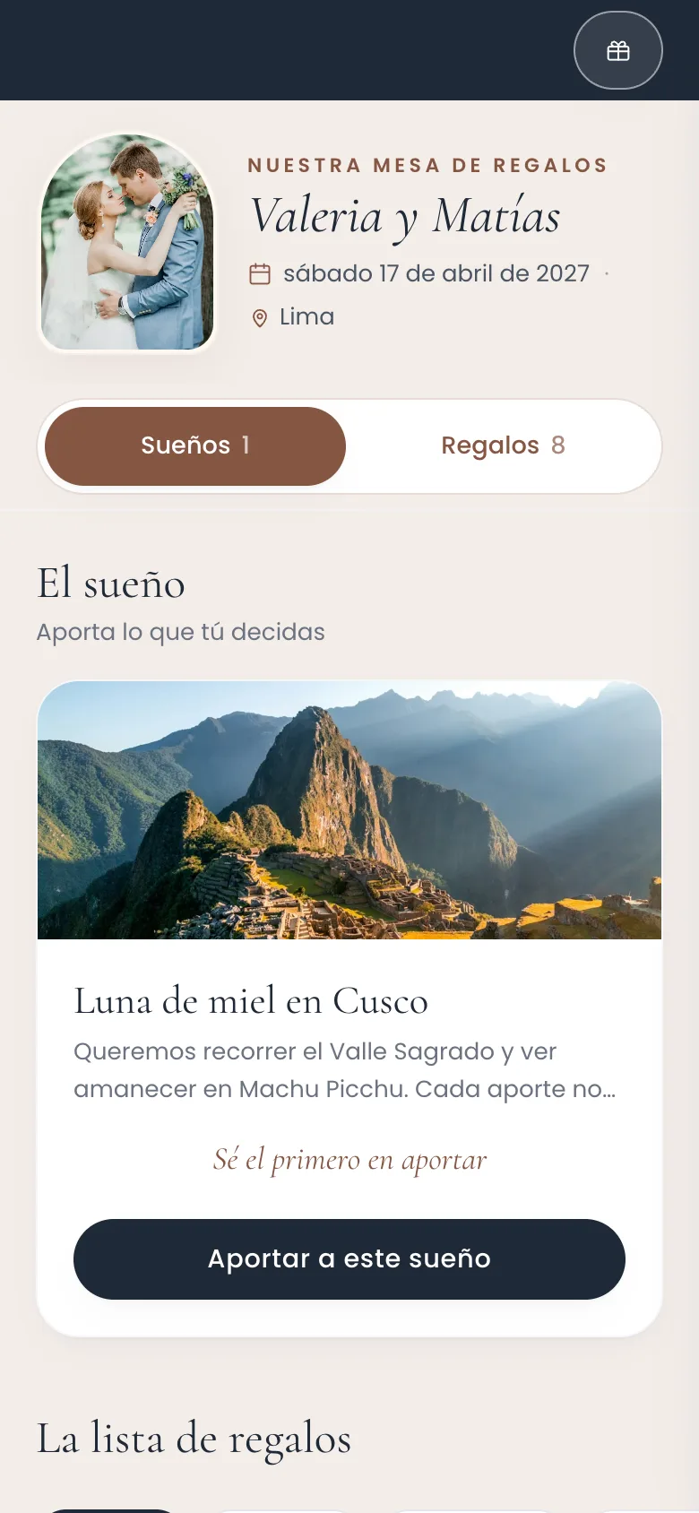 Example gift registry on a guest's phone: the couple's cover, a honeymoon fund and the gift list