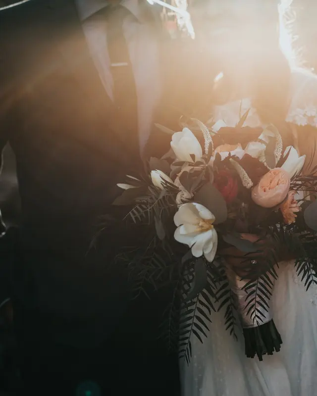 Bridal bouquet in warm sunlight